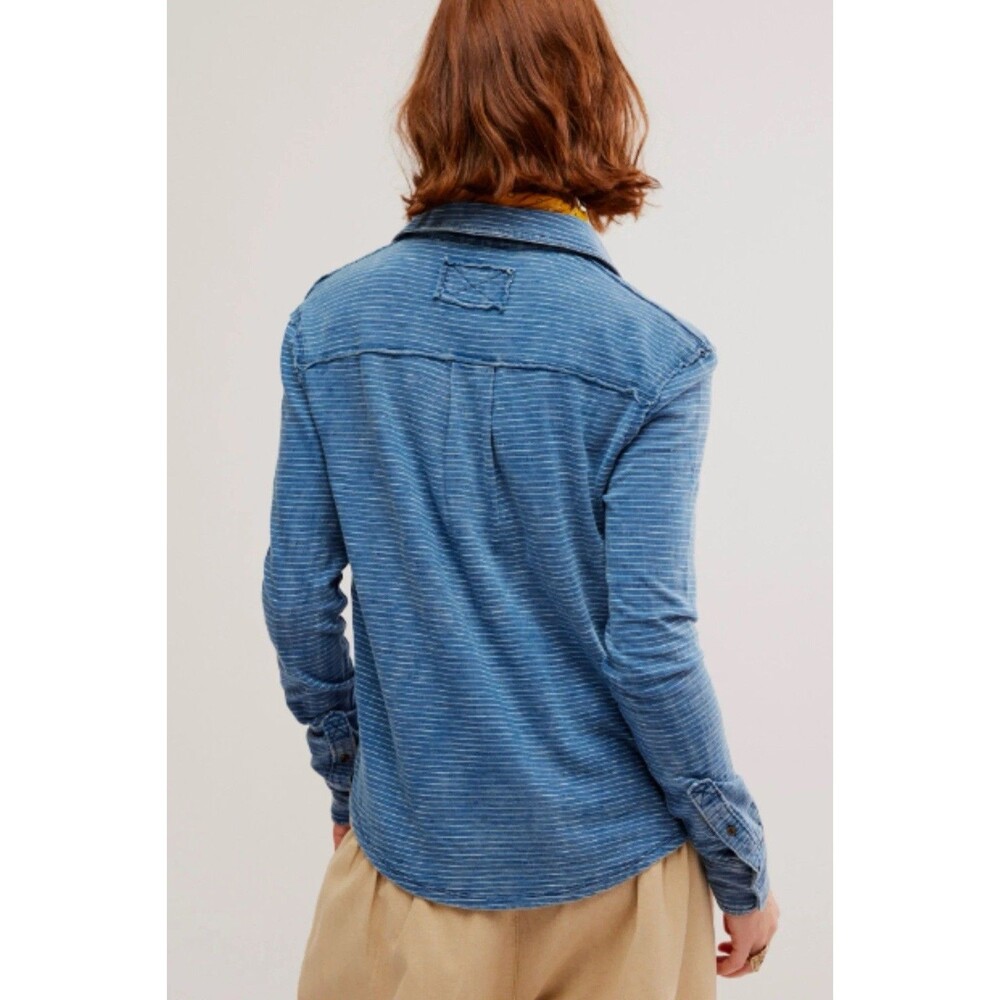 Free People We The Free Blue Long Sleeve Fitted Stripe Jersey Shirt Button Sz S - Picture 2 of 14
